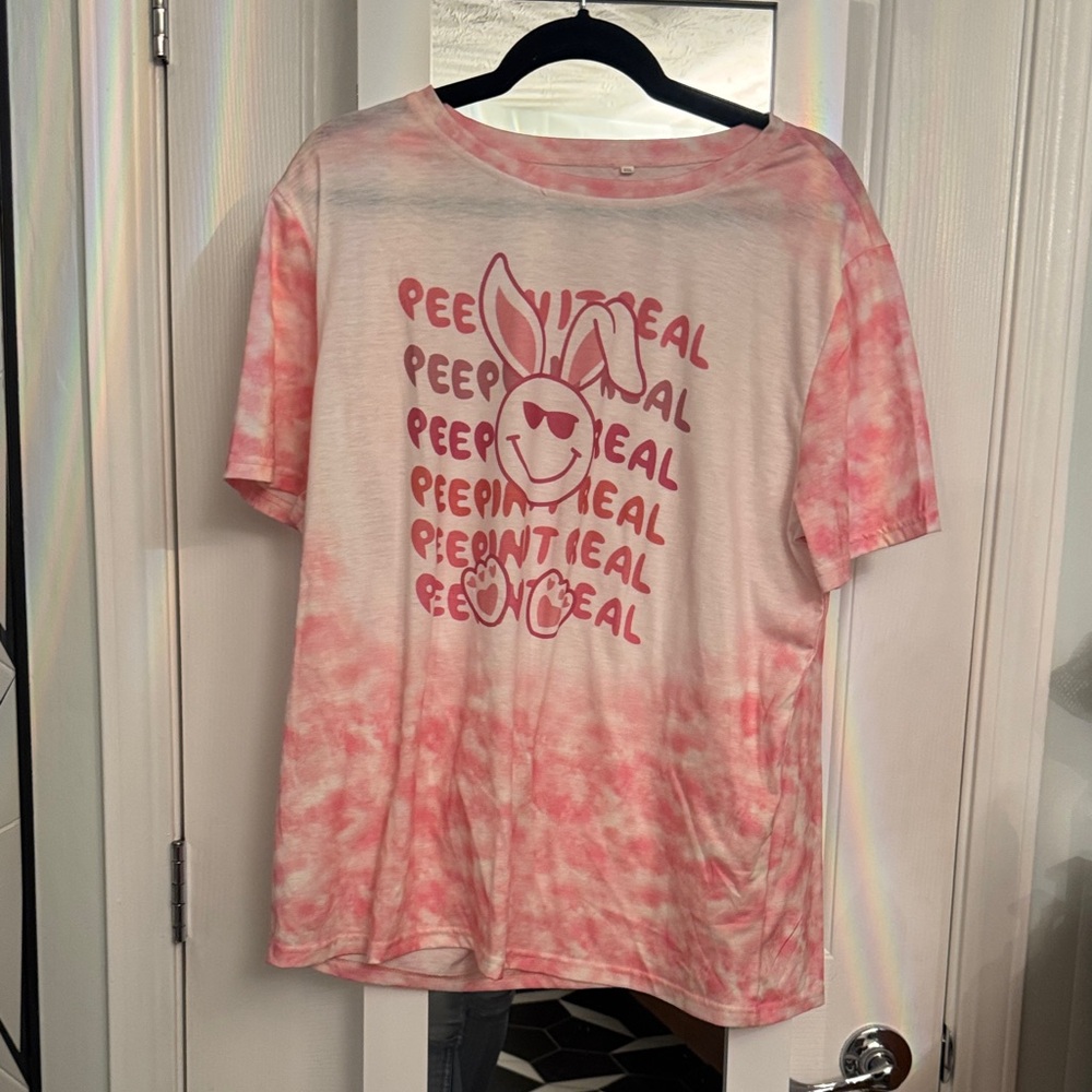 Peepin It Real Easter Pink Tie-Dye Bunny Graphic T-Shirt